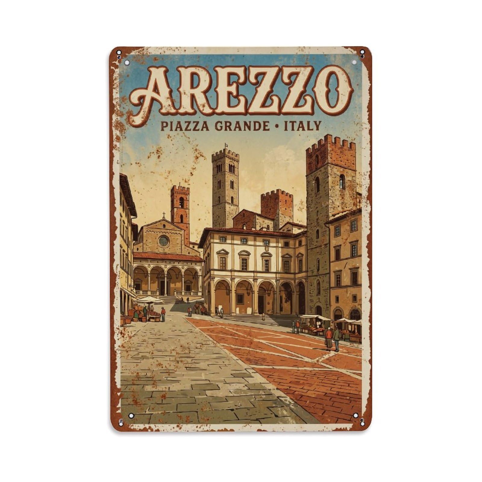 Vintage Travel Arezzo Italy Metal Tin Sign Wall Decor for Cafe, Club, Garden Metal Poster 8x12Inch
