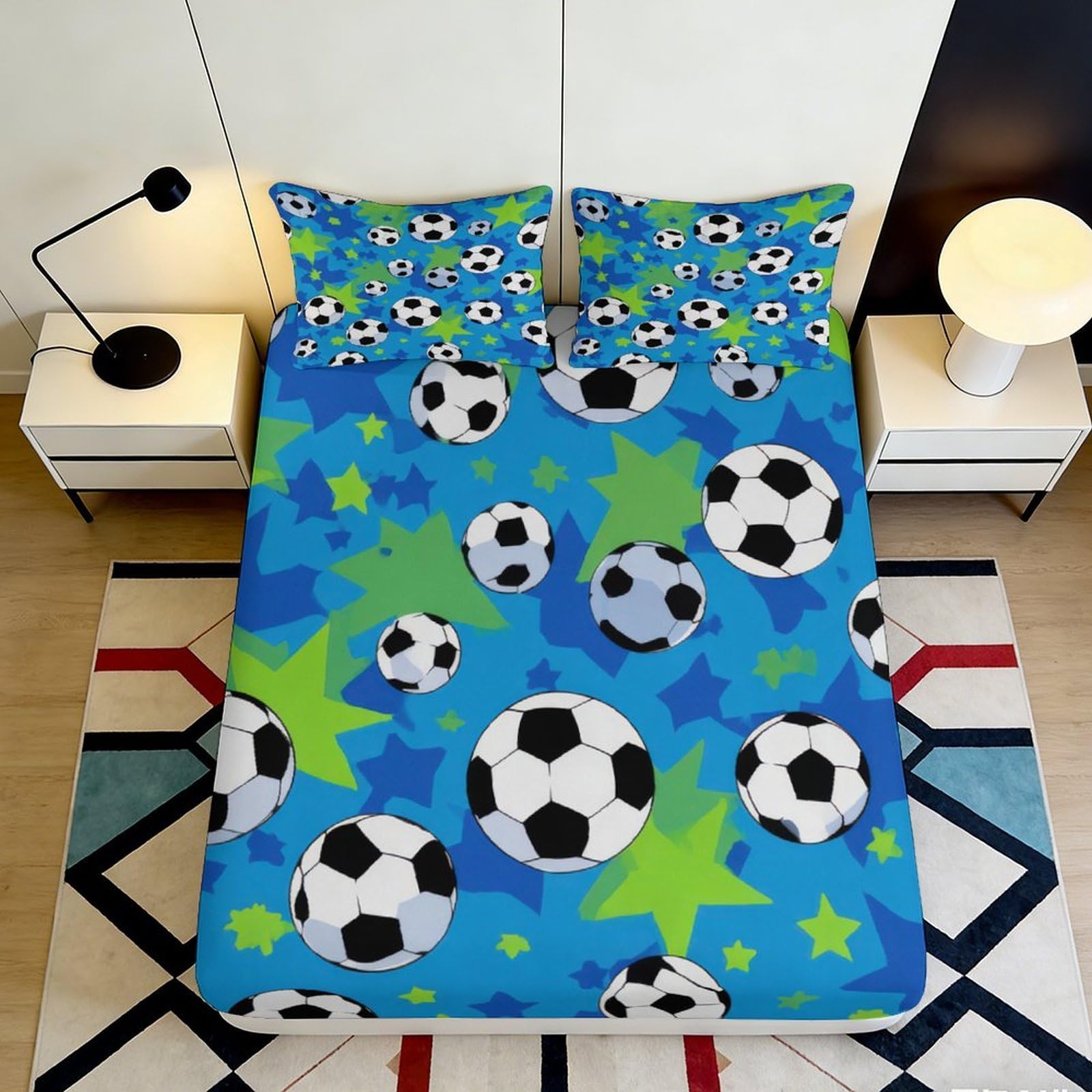 Dhbaneiok Style-6 3D Printed Soccer Ball Fitted Sheet Microfiber Blue Green Star Mattress Cover For Bedroom Dorm Decor Protection 90X200x25cm