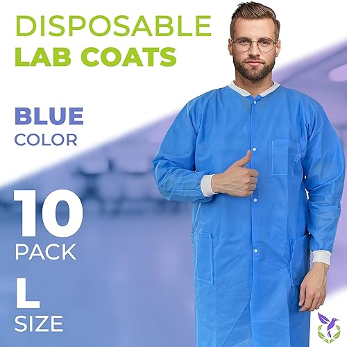 Miniatura 2 de AMZ - Abrigos de laboratorio desechables para adultos, talla L. Paquete de 10 abrigos de laboratorio azules SMS hasta la rodilla, desechables.