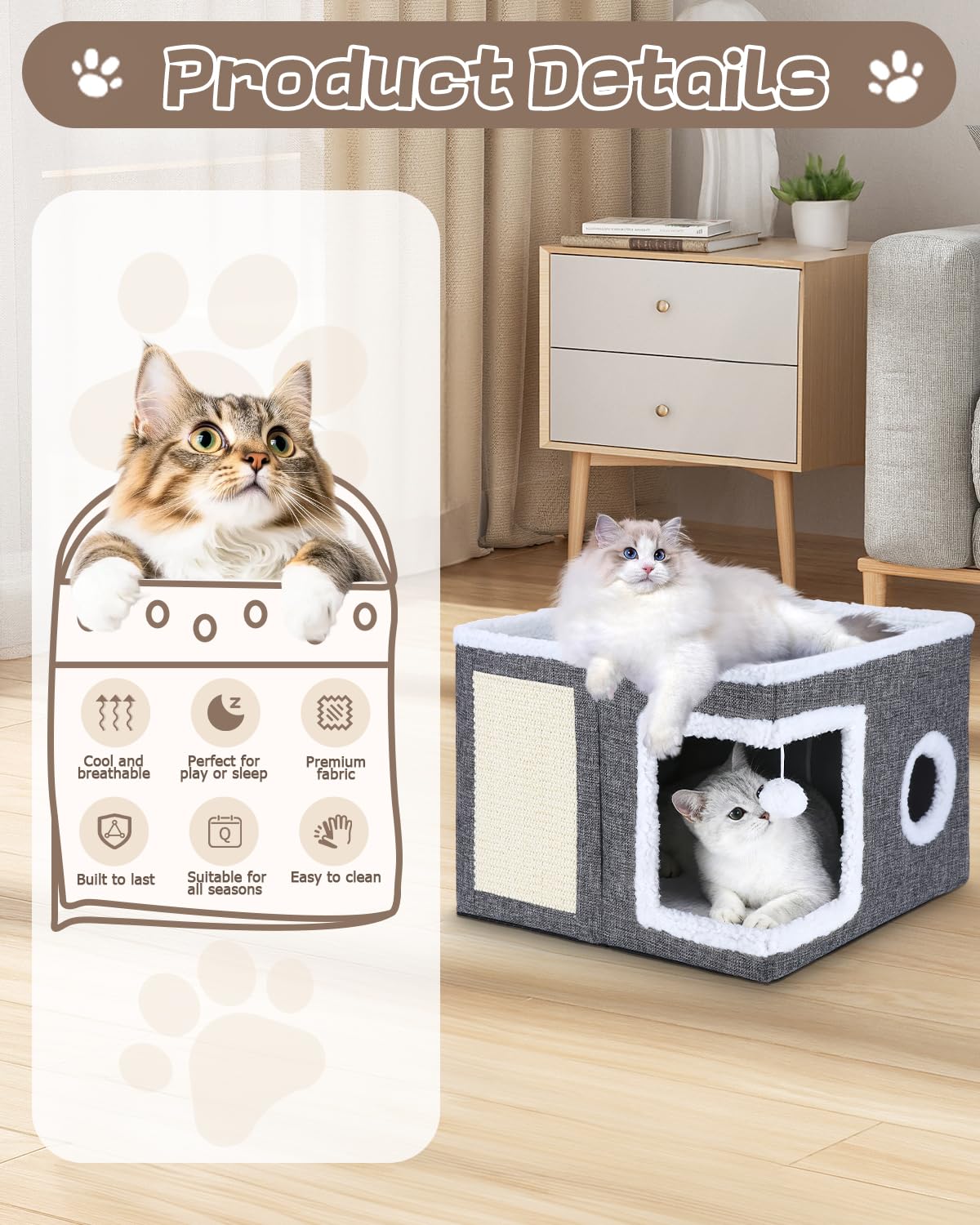 Cuccia per gatti per interni, pieghevole, cuccia per gatti, lavabile, con una palla giocattolo appesa, un tagliere per gatti, adatto per animali domestici di piccole e medie dimensioni, 41 x 41 x 32