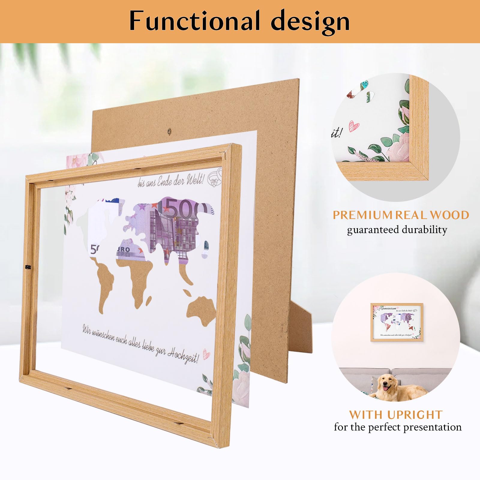 Cornice Regalo MyDreamwork Con Mappa Del Mondo Per Denaro - Regalo Di Nozze Originale Per Coppia Di Sposi, Con Spazio Per Dedica E Poster A4 Incluso - 3