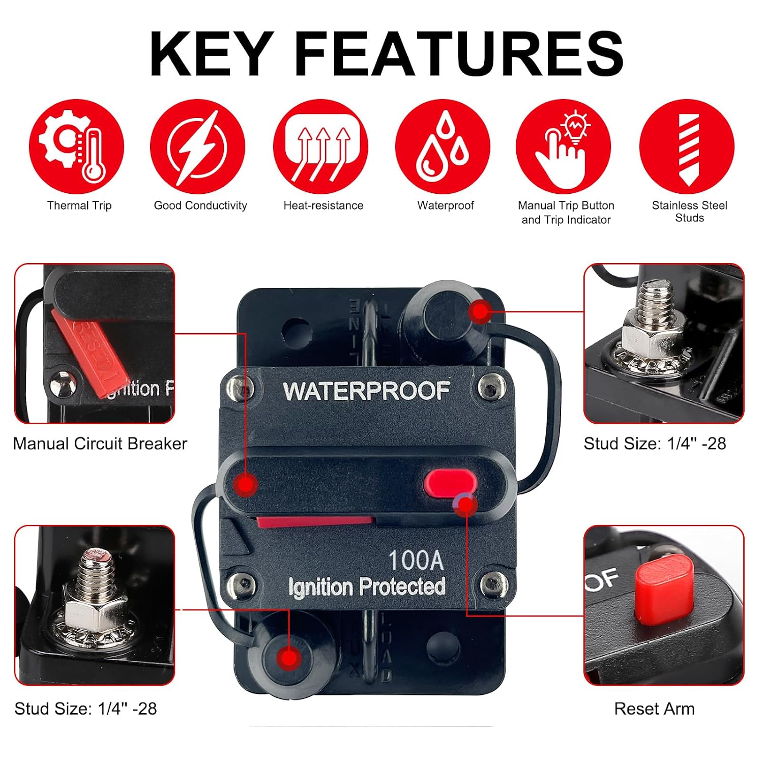 Car Circuit Breaker 100 Amp 12V - 48V DC with Manual Reset Switch Button for Boat Trolling Motor Marine ATV Trailer Vehicles Stereo Audio Electronic Battery Solar System Inline Fuse Waterproof
