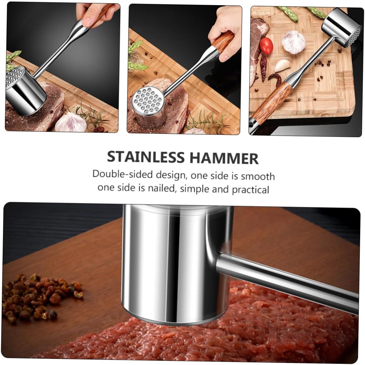 VOSAREA 304 Stainless Steel Meat Pounder Mallet Double-sided Kitchen Tenderizer Hammer for Beef Chicken Pork Home Cooking Tool Random Color