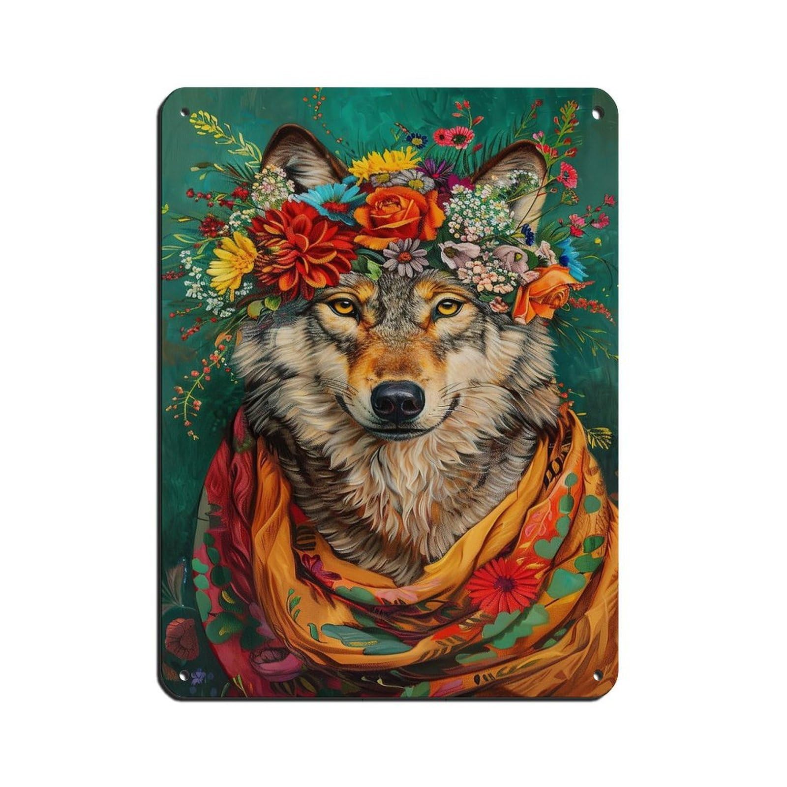 Vintage Maximalist Floral Wolf Painting Poster Tin Sign Vintage Metal Pub Club Cafe Bar Home Wall Art Decoration Poster Retro 12x16inch(30x40cm)