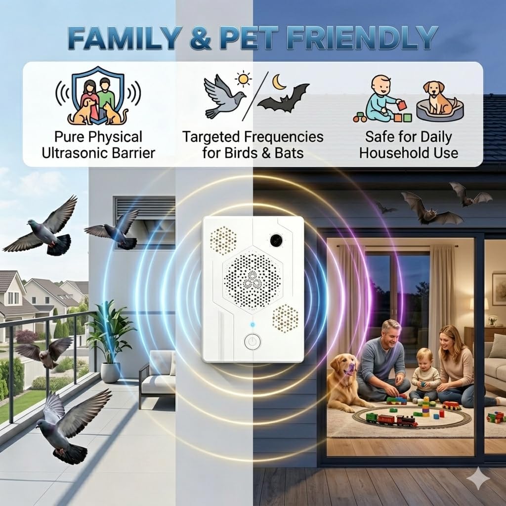 4Pack Upgraded Bat Deterrent Devices & Ultrasonic Bird Repellent Outdoor Rechargeable Woodpecker Deterrent for House Pigeon Repellent to Keep Birds Bats Out of Attic Porch Balconies Indoor