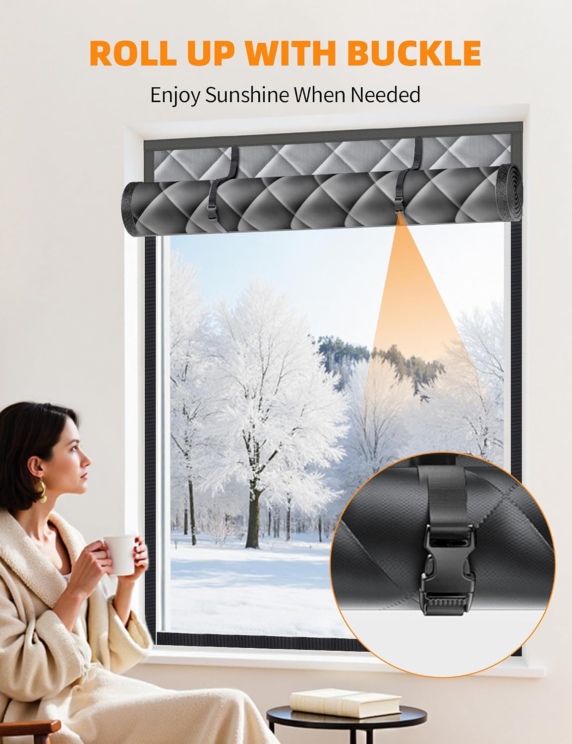 Window Insulation for Winter, 39″×63″ Thermal Window Cover (Fits 36″×60″ Windows ), Dual-Sided Winterizing Curtain for Home & RV, Reusable Draft Stopper with Roll-Up Buckle