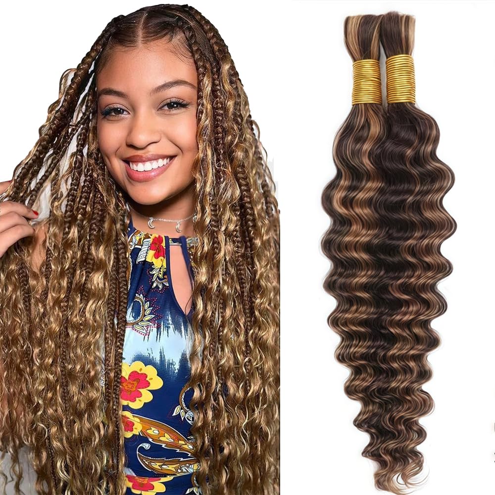 Tuheerst Human Hair Extension For Boho Braids 32 32 Inch P4/30 Highlight Brown Color Deep Wave Natural Unprocessed Human Hair Braiding For Woman 50g/Bundle Total 100g