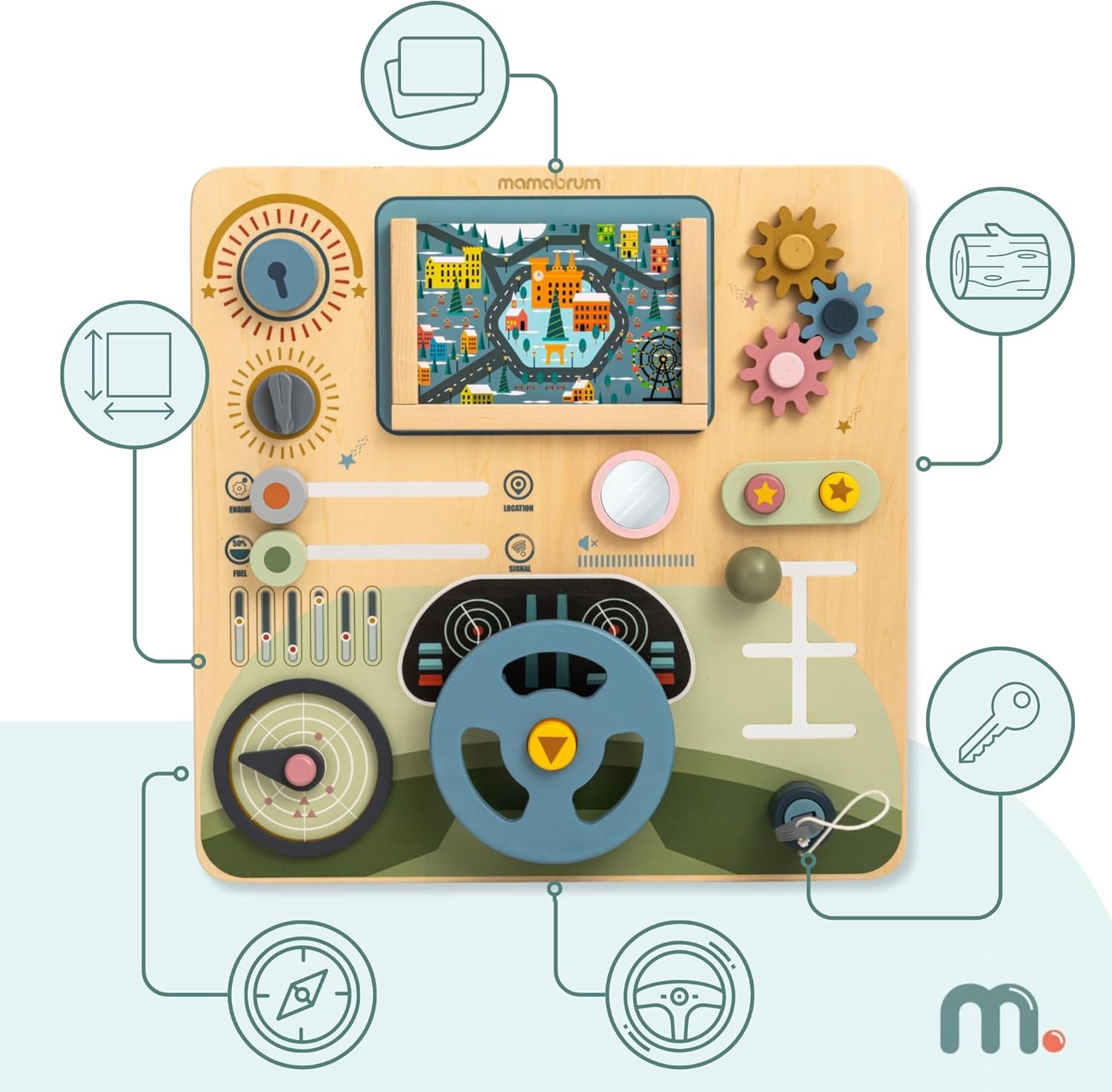 Montessori Wooden Space Board 2 in 1 - Driver's Cabin and Remote Control, 8 Boards, Handlebar, Gear, Radar, Educational Board 45x45cm for Kids 18m+