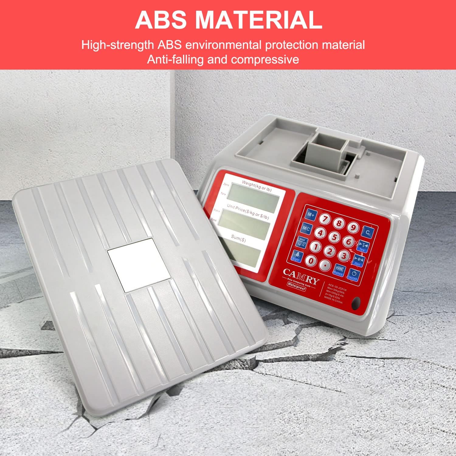 CAMRY Waterproof Commercial Food Scale IPX7 66lb / 30kg Digital Price Computing Meat Produce Weight Scale with White Backlight LCD for Farmers Market, Seafood, Rechargeable