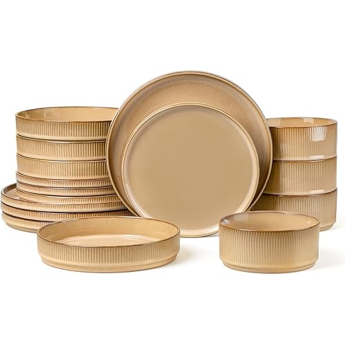 LIANYU 16 Piece Dinnerware Sets with Double Bowls, Ceramic Plates and Bowls Set for 4, Ribbed Stoneware Dishes, Microwave and Dishwasher Safe, Dune Khaki