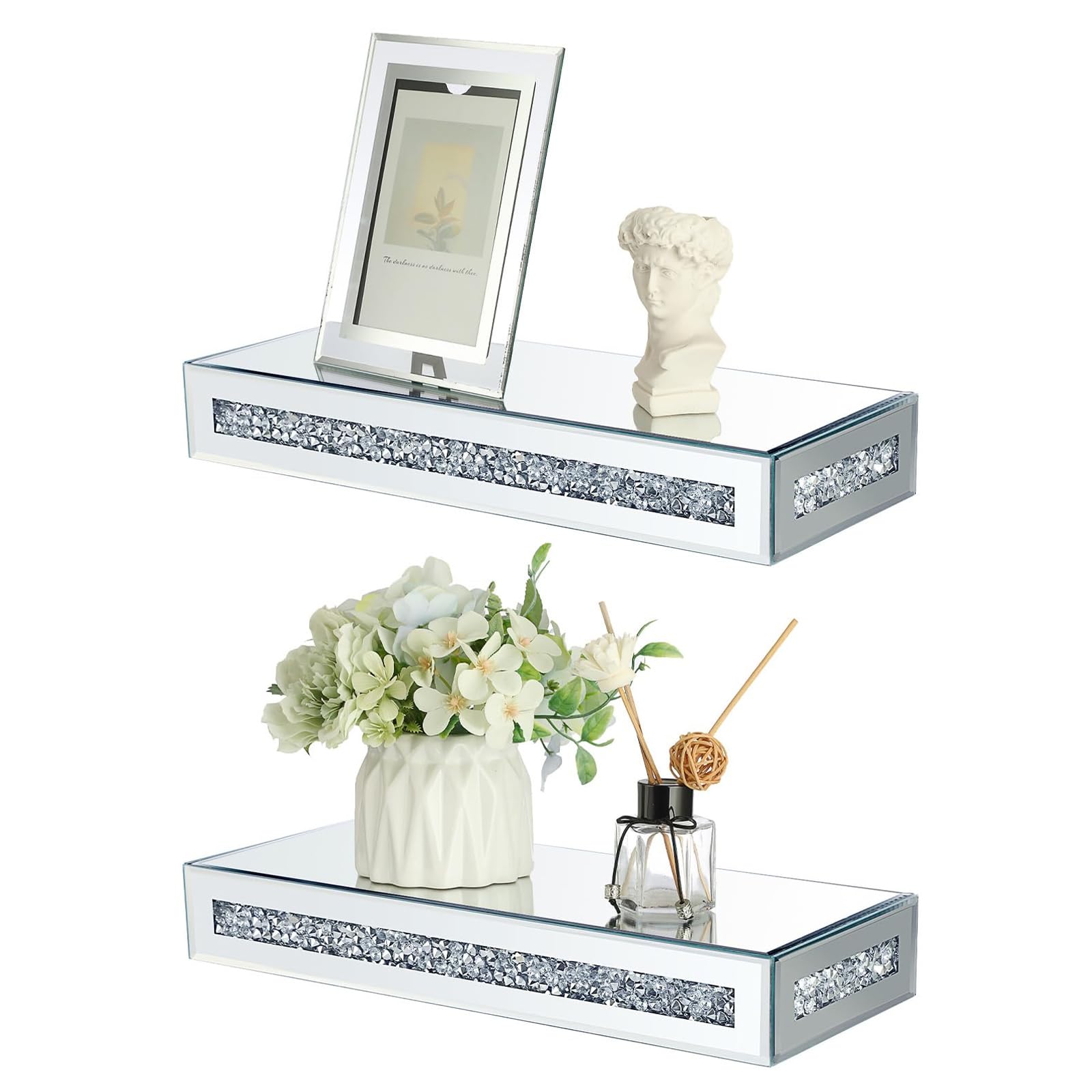 2pcs Rectangular Glass Mirrored with Crushed Diamonds Floating Shelves