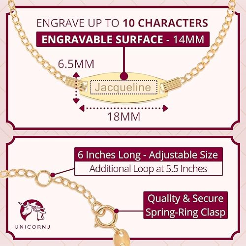 Miniatura 2 de UNICORNJ Pulsera de identificación de oro de 14 quilates grabable para niñas, niños y bebés, pulseras personalizadas con nombre de cadena Figaro