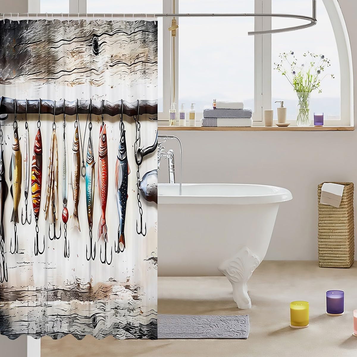 Feelyou Kids Fish Hook Bath Curtain Bass Fish Shower Curtain Rustic Lake Fishing Bathroom Accessories Boys Girls Farmhouse Teens Bedroom Decor 72"x78"