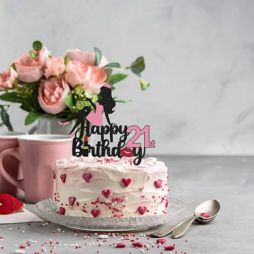 Miniatura 7 de LINGTEER Corona de feliz cumpleaños número 21, decoración de tartas de papel grueso con texto en inglés "Cheers to 21st Bday", letrero de decoración