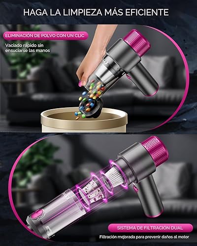 Miniatura 5 de EYYA Aspiradora de mano inalámbrica para automóvil, mini aspiradora portátil 4 en 1, 15000 PA de alta potencia y plumero de aire con luz LED para