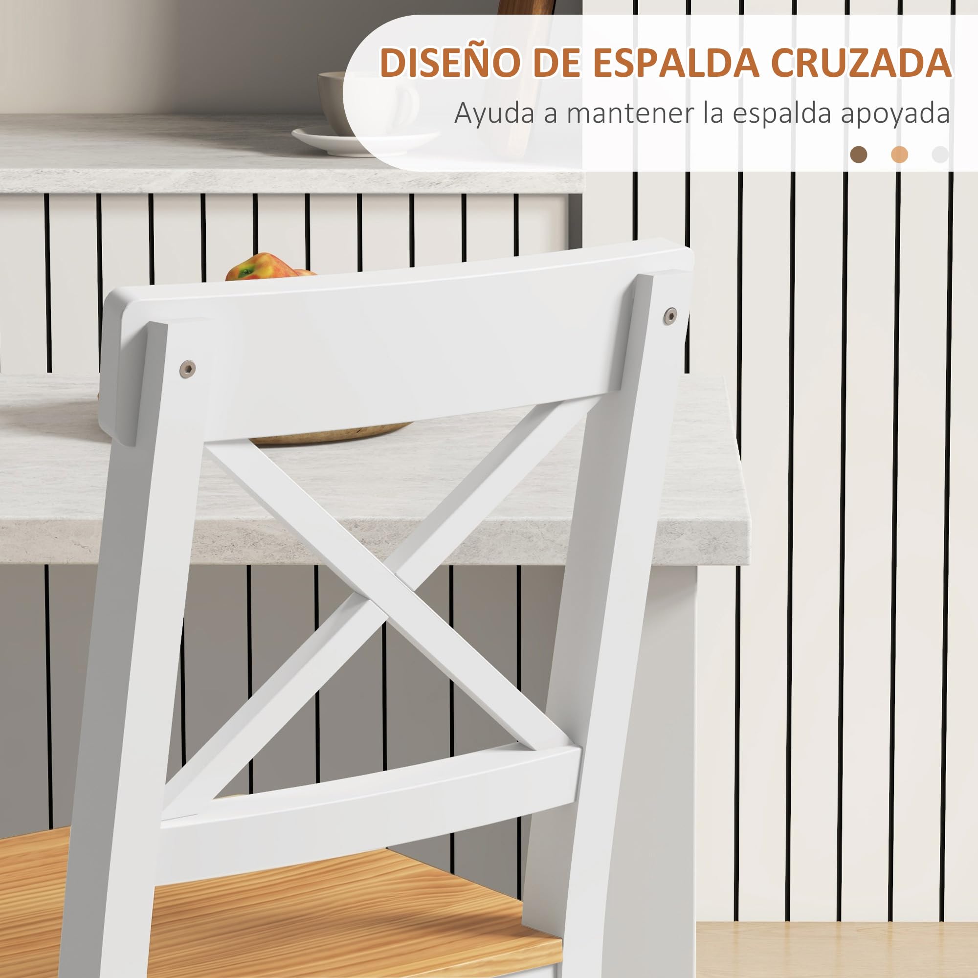 HOMCOM Conjunto de 2 Taburetes de Bar Altura Asiento 60,2 cm Taburetes de Cocina de Madera con Respaldo y Reposapiés Carga 120 kg para Comedor Salón Natural y Blanco
