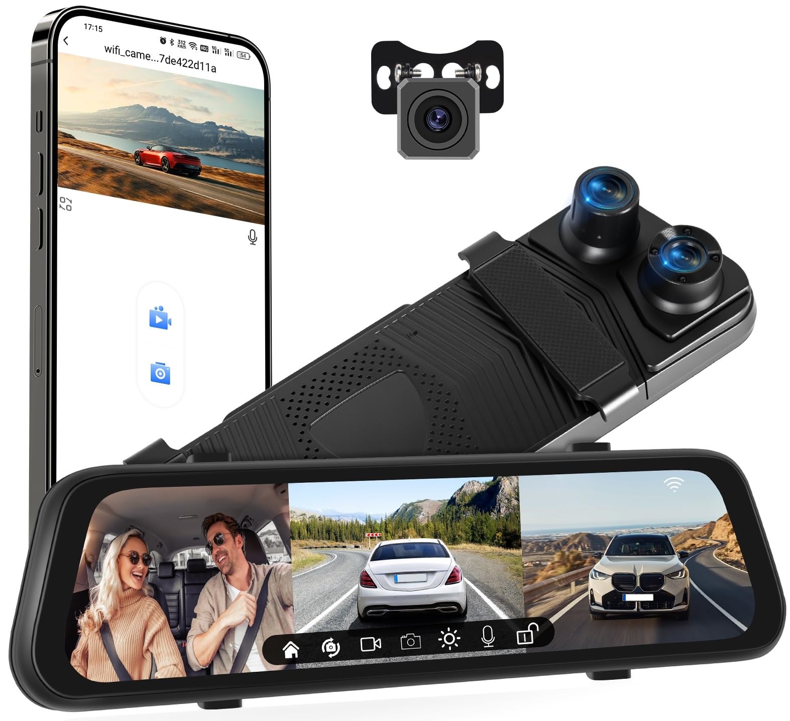 CAMECHO 3 Channel Rear View Mirror Camera, HD Mirror Dash Cam Front and Rear Inside, Built-in WiFi, Dash Camera for Car, Night Vision, G-Sensor, Reverse Assist, Loop Recording, Dashcam-image-7