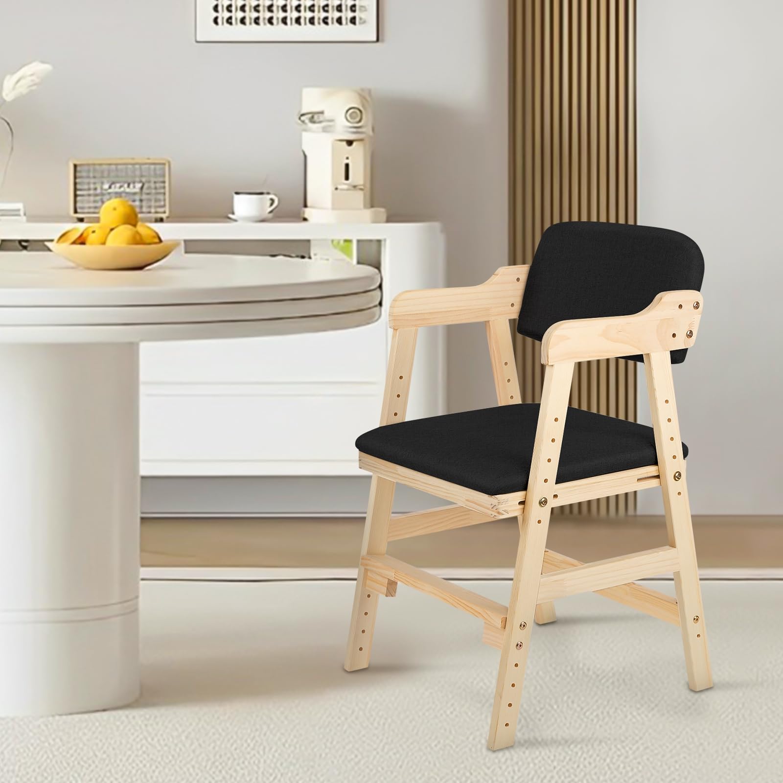 Chaise Haute Bébé en Bois, 6 Hauteurs Réglables Stable Chaise Supporte 90KG pour Enfants et Adultes, Chaise Haute Evolutive avec Coussin d'Assise, Assise et Repose-pieds Réglables (Noir)