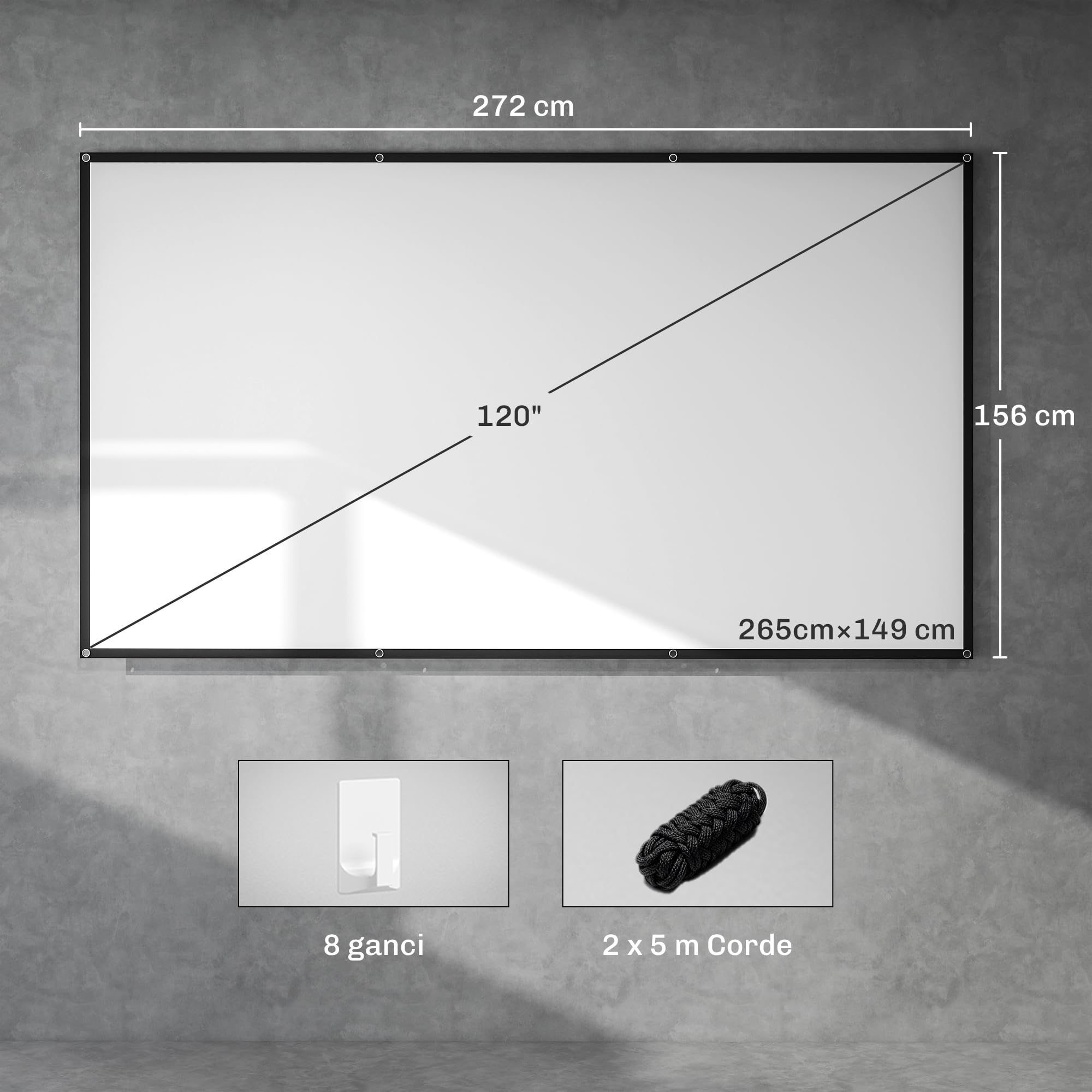 HOMCOM Pantalla de Proyector Manual 120 Pulgadas Formato 16:9 Blanco | Pantalla de Proyección, HD 4K/8K, Tela Lavable, para Interior y Exterior, Eventos Deportivos, Cine en Casa, Oficina, Patio