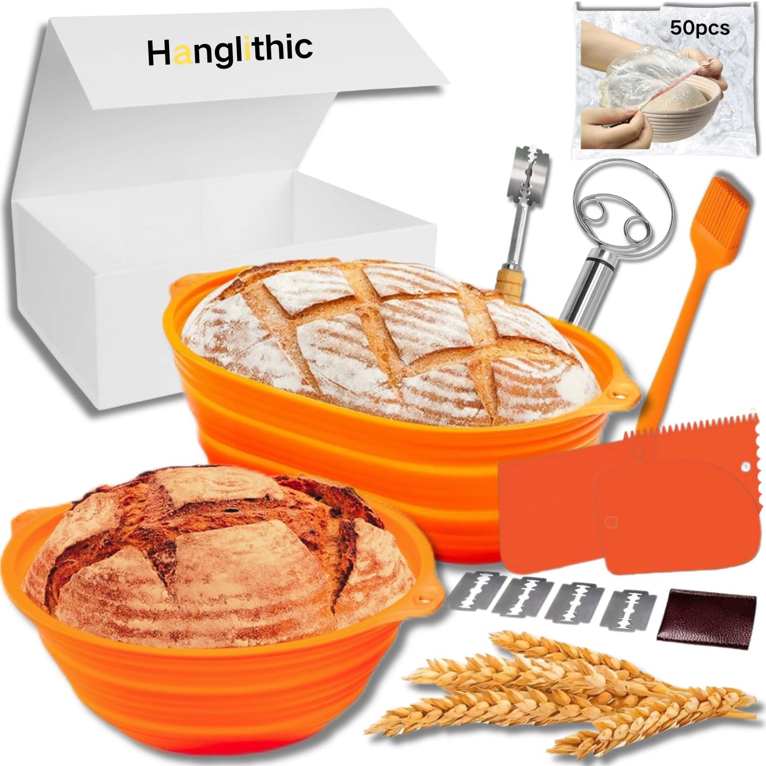 Hanglithic 63Pcs Silicone Banneton Bread Proofing Baskets, 9 Inch Round & 10 Inch Oval Foldable Sourdough Baking Basket, Complete Set for Bread Making With Essential Tools, Easy to Clean and Storage