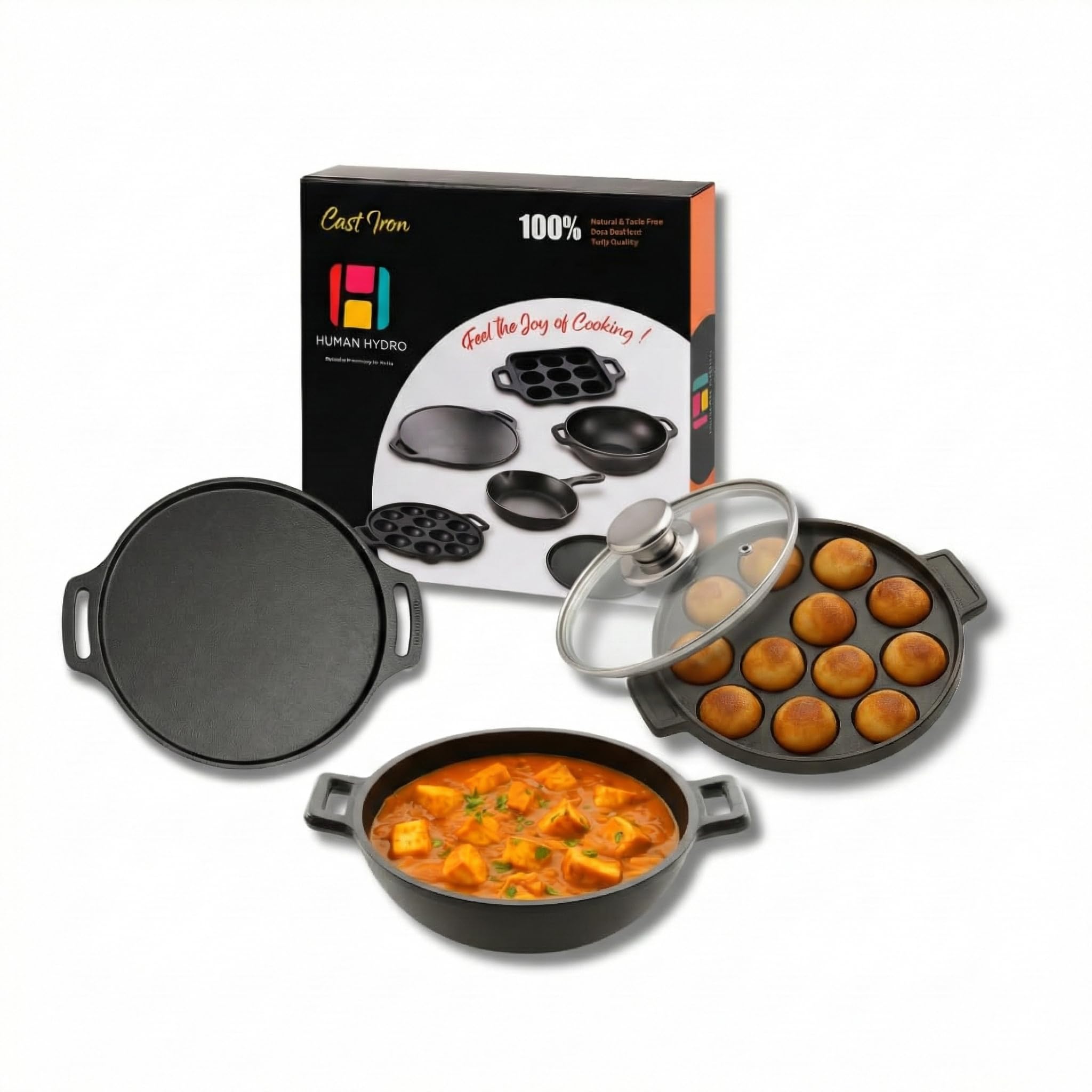 Human Hydro Cast Iron Cookware Combo | 12-Pit Paniyaram Pan with Lid, 30CM Dosa Tawa & 23CM Kadai | Pre-Seasoned, Naturally Nonstick, Induction & Gas Compatible | Heavy-Duty Traditional Cookware-image-8