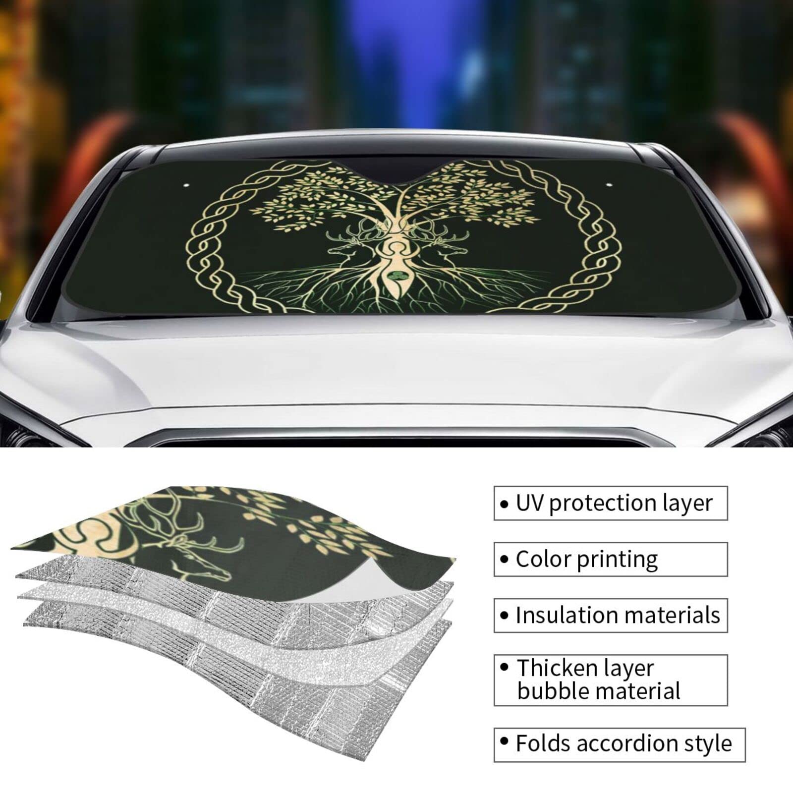 Yule Christmas Tree Pagan Deer Yuletide Wicca Celtic Ritual Norse Nordic Viking Goddess Wiccan Wicca Windshield Sun Shade Front Protector Folding Car Sun Visor Blocks Uv Rays Keeps Your Vehicle Cool: Small Black4