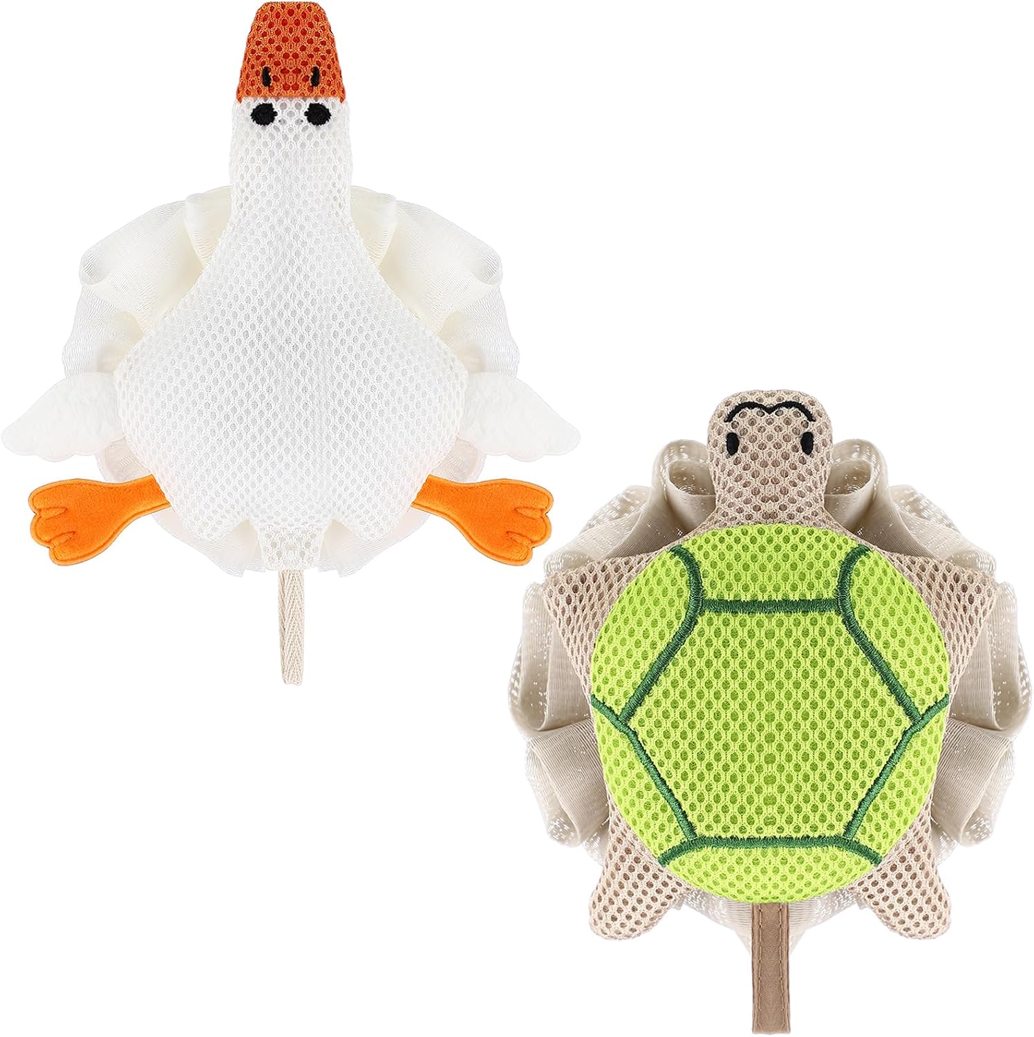 Vesici 2 Pcs Loofahs for Kids Children's Bath Loofahs Girls Toddler Cute Cartoon Bath Sponges Loofah Pouf Body Scrubber Mesh Sponges for Shower Washing Exfoliating (Turtle,Goose)