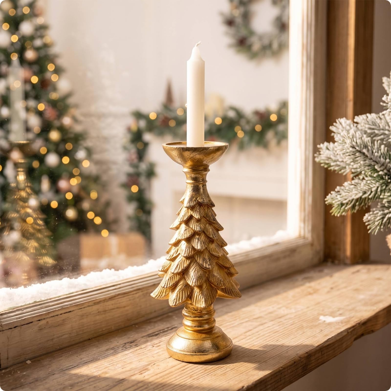 Portacandele in Resina Portacandela Albero di Natale Conifera Ornata Coppa per Tealight Struttura Stabile Base Arrotondata Adatto per Tavolo Centrotavola Ingresso, Oro, Set Da Tre