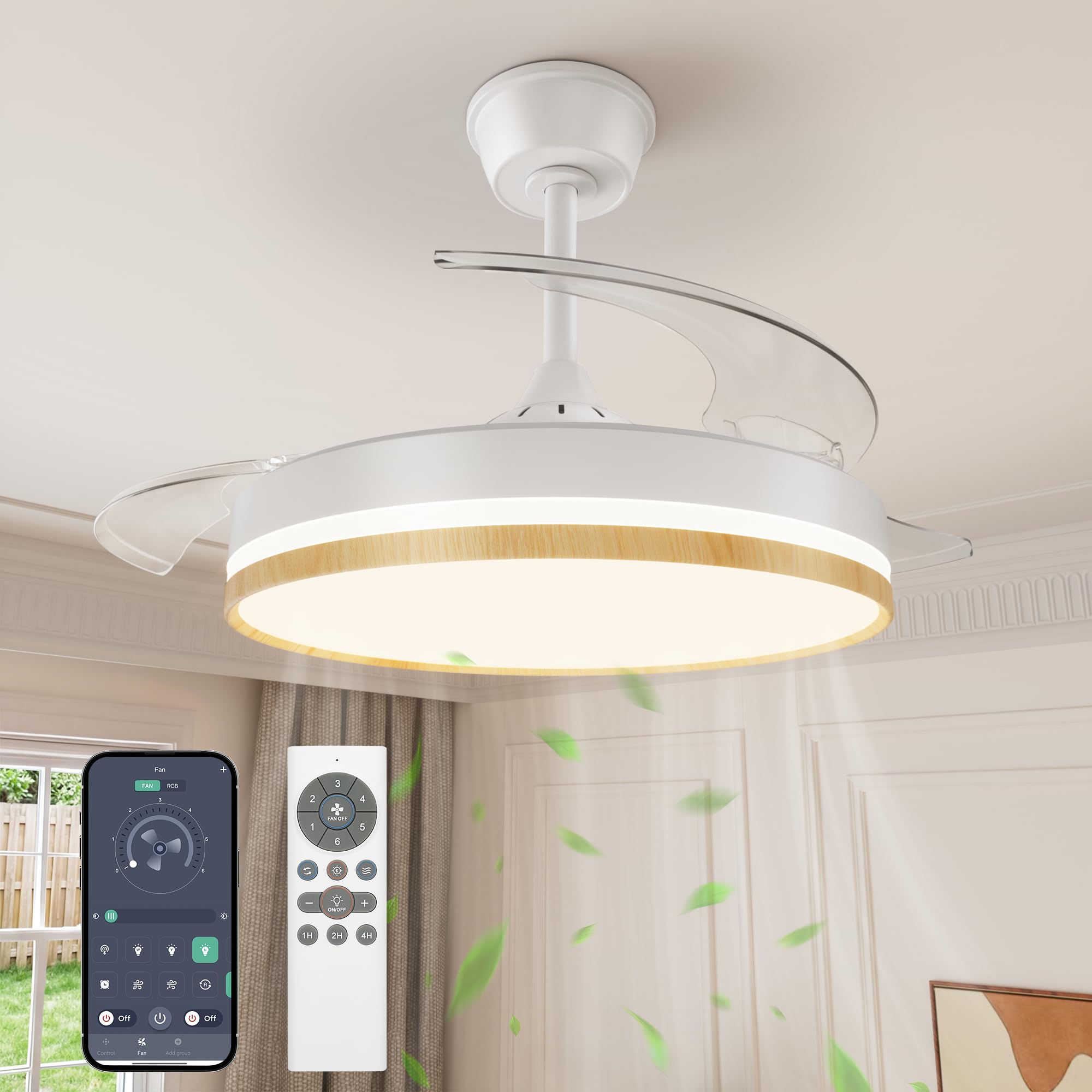 VOLISUN Ceiling Fan with Retractable Blade Light, Ultra-Quiet DC Motor, CCT 3000-4000-6000K, Remote Control – 50W Ceiling Lamp with Modern Fan (Wood, 106 cm)