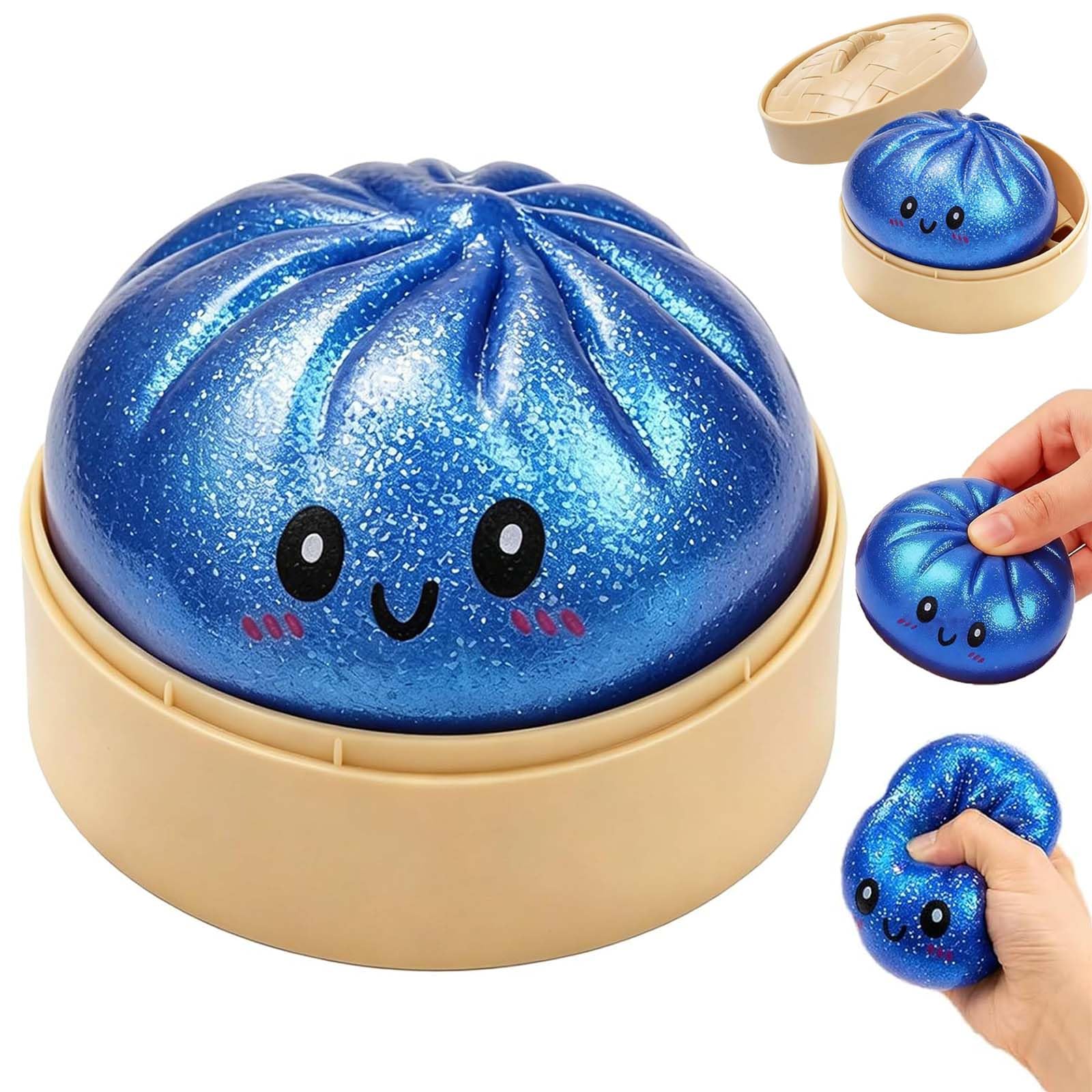 Glitter Dumpling Bao Squishy, Squishy Stress Balls Dumplings Fidget Toys with Steamer Box, Soft Squeeze Anxiety Relief Dumpling Squishies Sensory Toy for Kids Teens Adults (Blue)