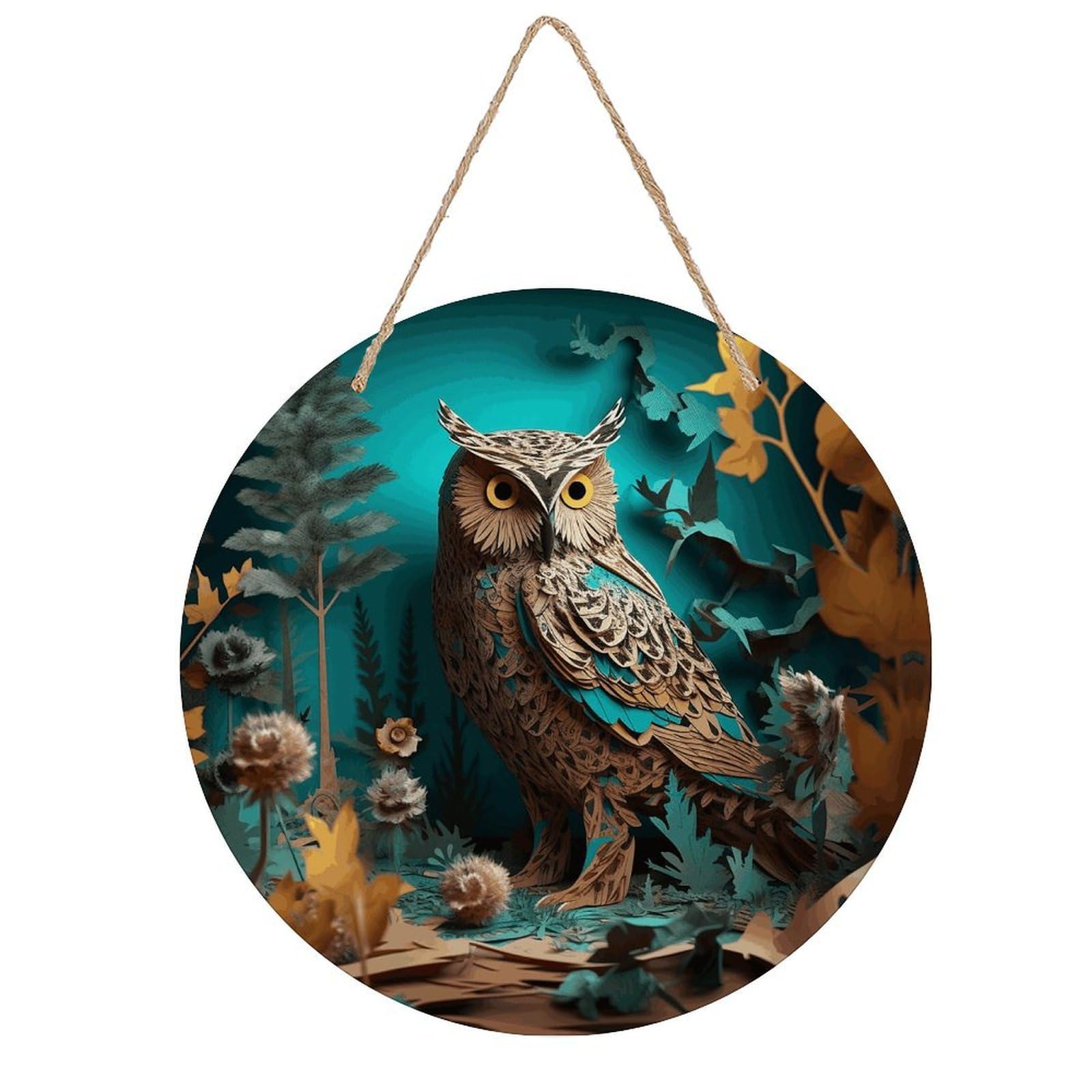 LZQPOEAS Owl Round Wood Wall Art Painting, 7.9 Inch Circular Wooden Door Hanger Decorative Paintings, Rope-Hanging Wooden Wall Plaque for Home Decor And Office Party