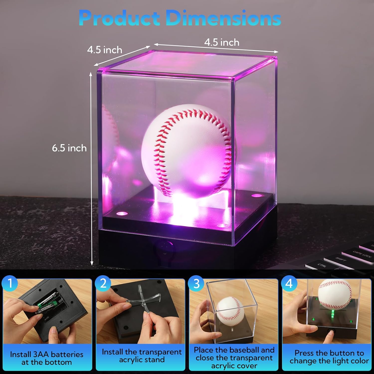 4 Pack Baseball Display Case with LED Light - UV Protected Acrylic Ball Holder for Signed Memorabilia, Softball, Golf Ball, Light Up Display Cube & Stand for Collectibles