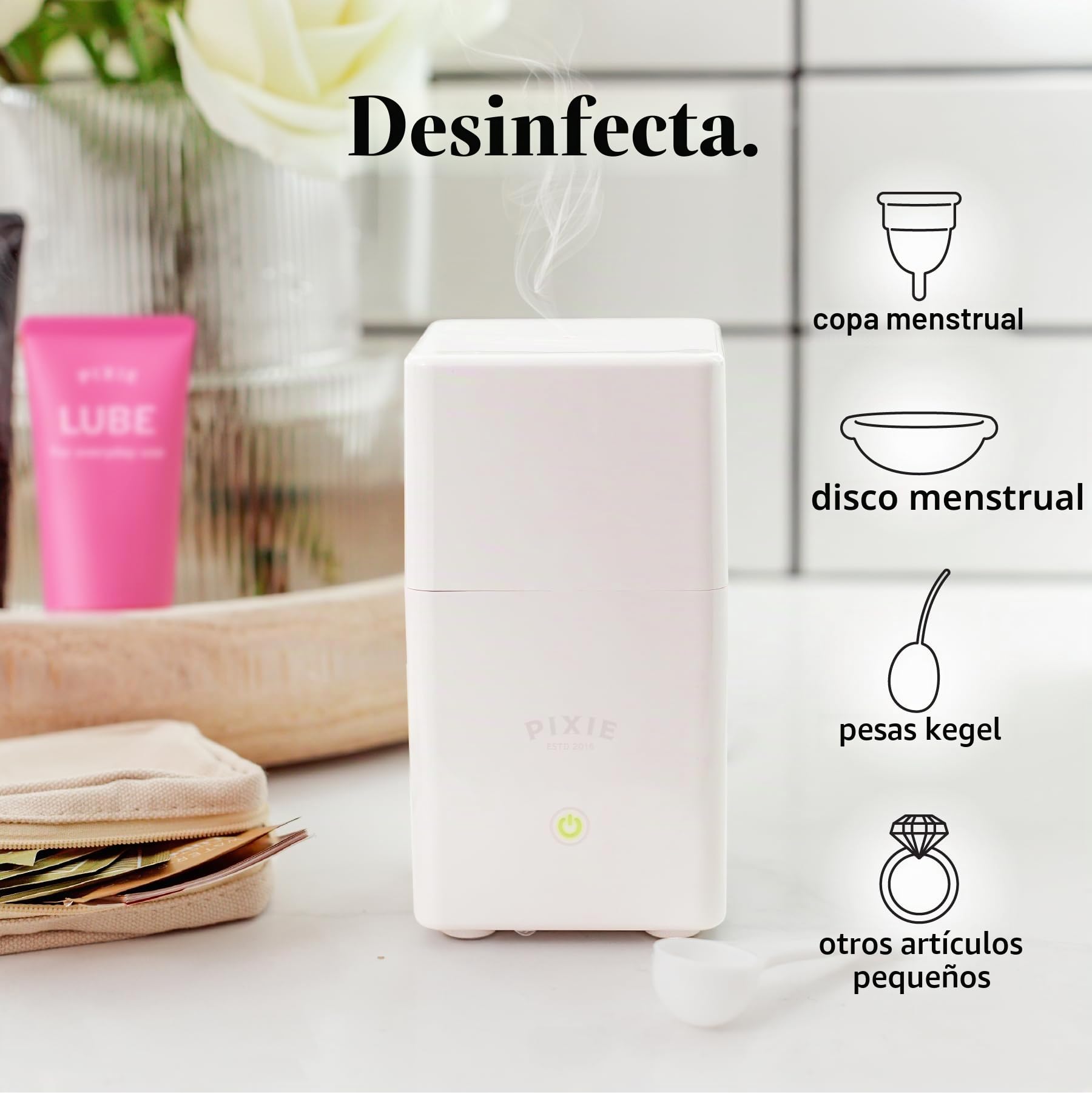Pixie - Esterilizador de copa menstrual - Clasificado 1 para el mejor vaporizador - Mata el 99.9% de los gérmenes con vapor más limpio - Lava tu taza o disco menstrual en 3 minutos. - Interruptor de