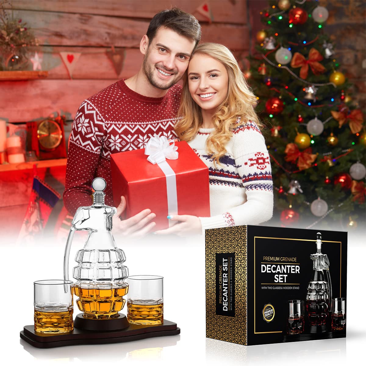 Ensemble de carafe à whisky Carafe à whisky en forme bombe et 2 verres à whisky avec support bois Cadeau à boire de l'alcool bourbon écossais pour les hommes Papa Mari Copain Anniversaire