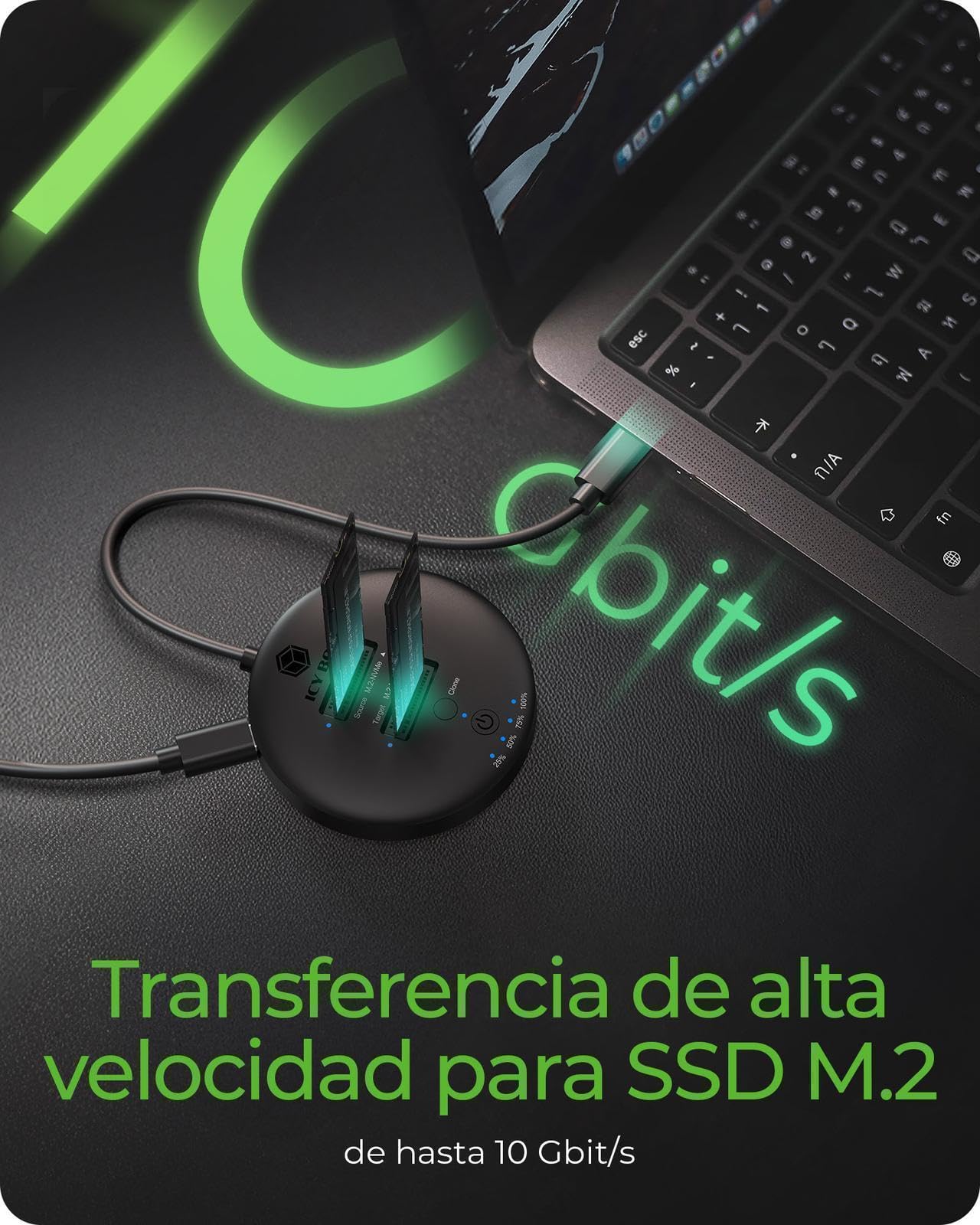 Icy Box M.2 NVMe - Estación de Acoplamiento y clonación SSD USB-C 3.1 Gen 2, hasta 10 Gbps, Doble bahía, clonación autosuficiente sin PC, para SSD de 22 x 30/42/60/80/110 mm, IB-1612MCL-C31