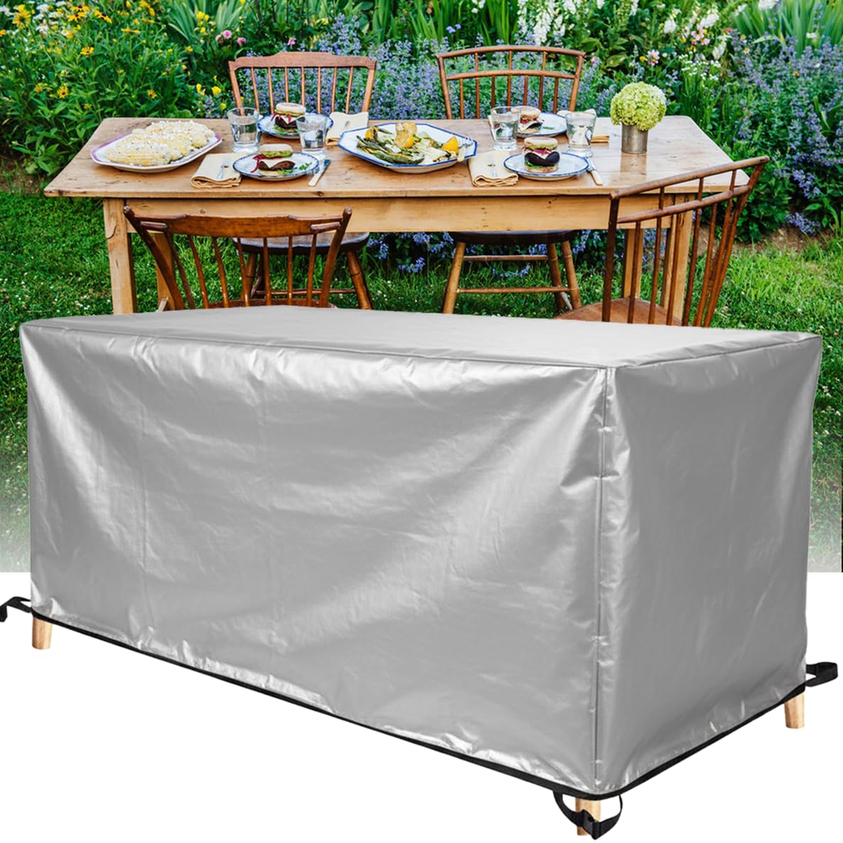 ZDLLDZ Waterproof Garden Furniture Cover for Rectangular Table and Chairs, Heavy Duty 420D Oxford Outdoor Patio Set Cover, Windproof & UV Resistant, 213x132x74cm Silver