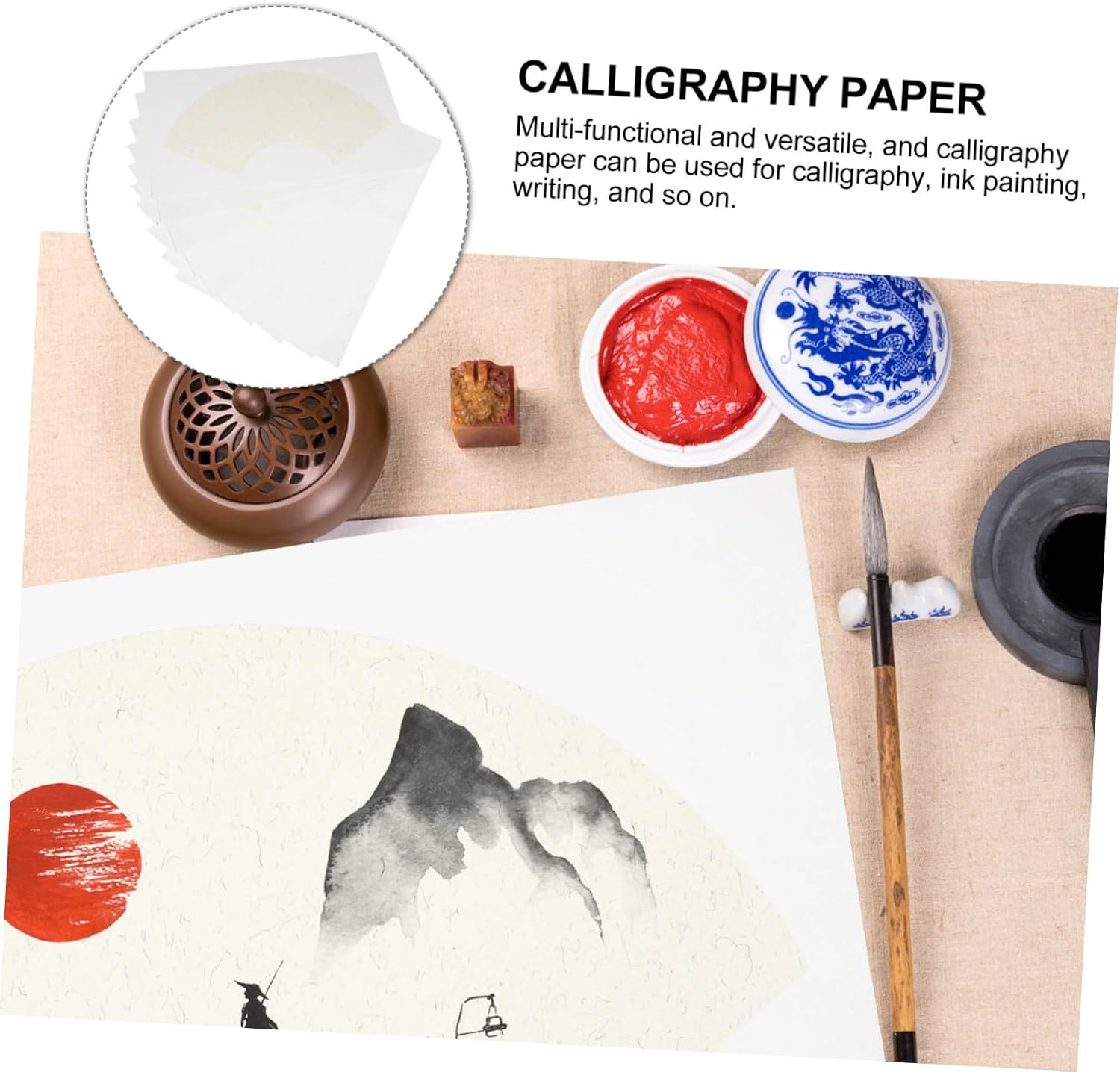 KONTONTY 10pcs Fan-Shaped Xuan Rice Paper Sheets Traditional Calligraphy Craft Paper for Chinese Painting Drawing and Calligraphy Practice with Delicate Texture and Portable Design