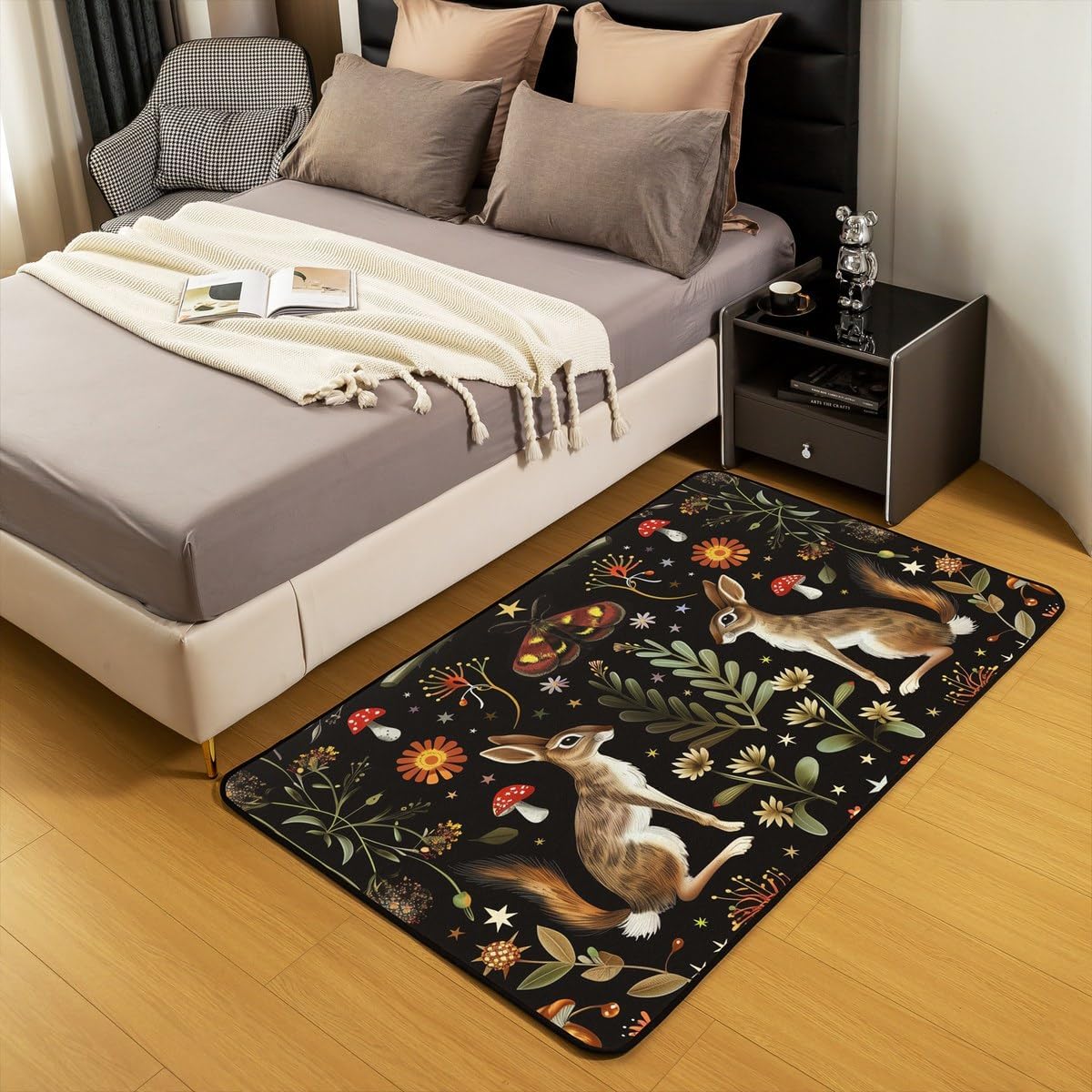 Bohemian Botanical Area Rug 3'x5',Mushroom Flower Non Slip Carpet for Kids Girls Adults,Squirrel Owl Rabbit Moth Decor Rug for Living Room Bedroom Playroom Backyard
