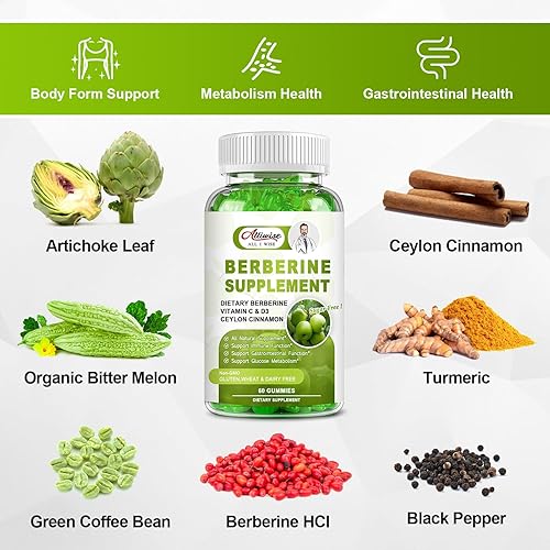 Miniatura 6 de Gomitas de suplemento de berberina sin azúcar, berberina original HCL de 1500 mg con canela de Ceilán, quercetina, multivitamínico, apoyo a la