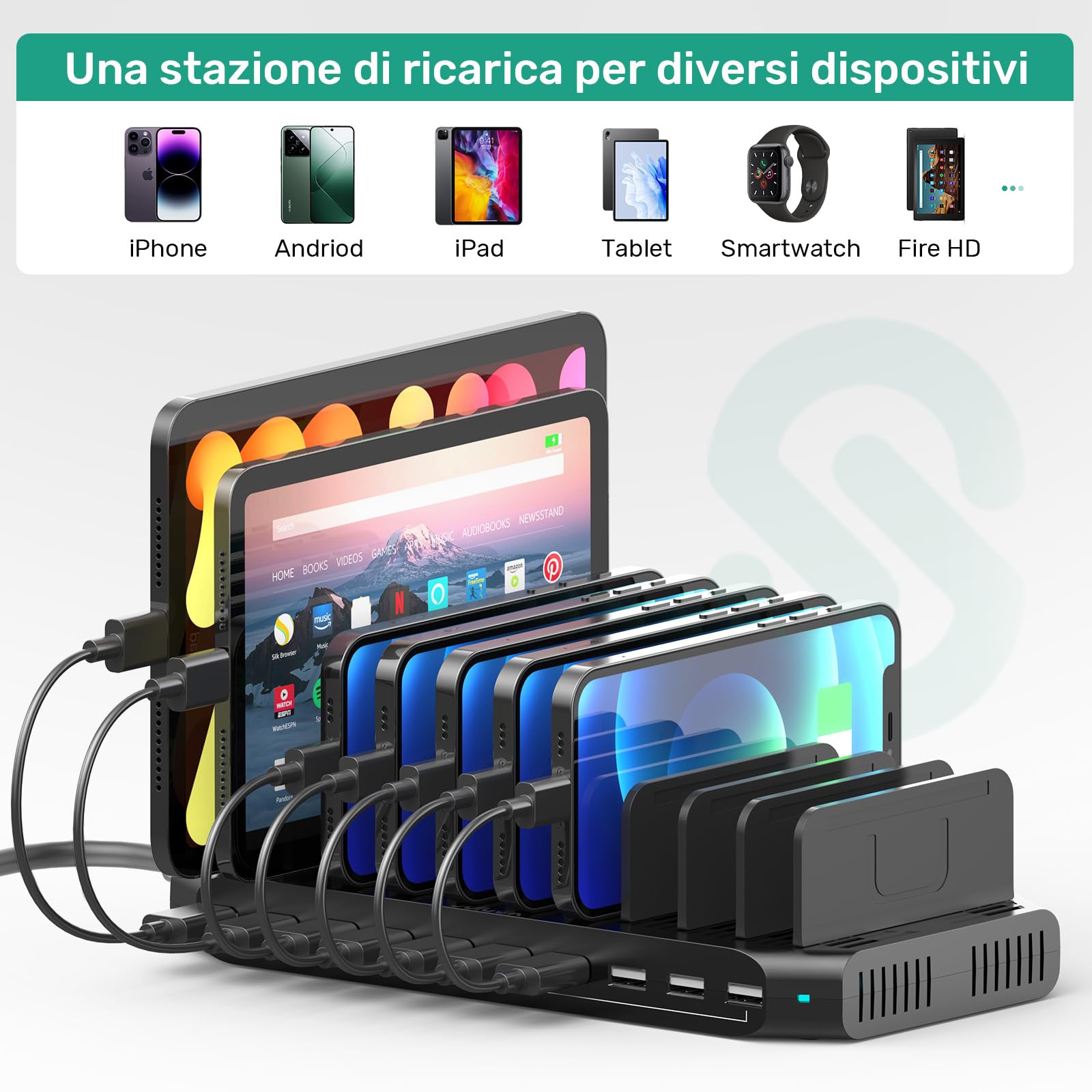 SUIDEK Stazione Di Ricarica Multipla A 10 Porte, Caricatore USB Da 60 W Per Più Dispositivi Con Divisori Regolabili, Compatibile Con Tablet, Smartphone