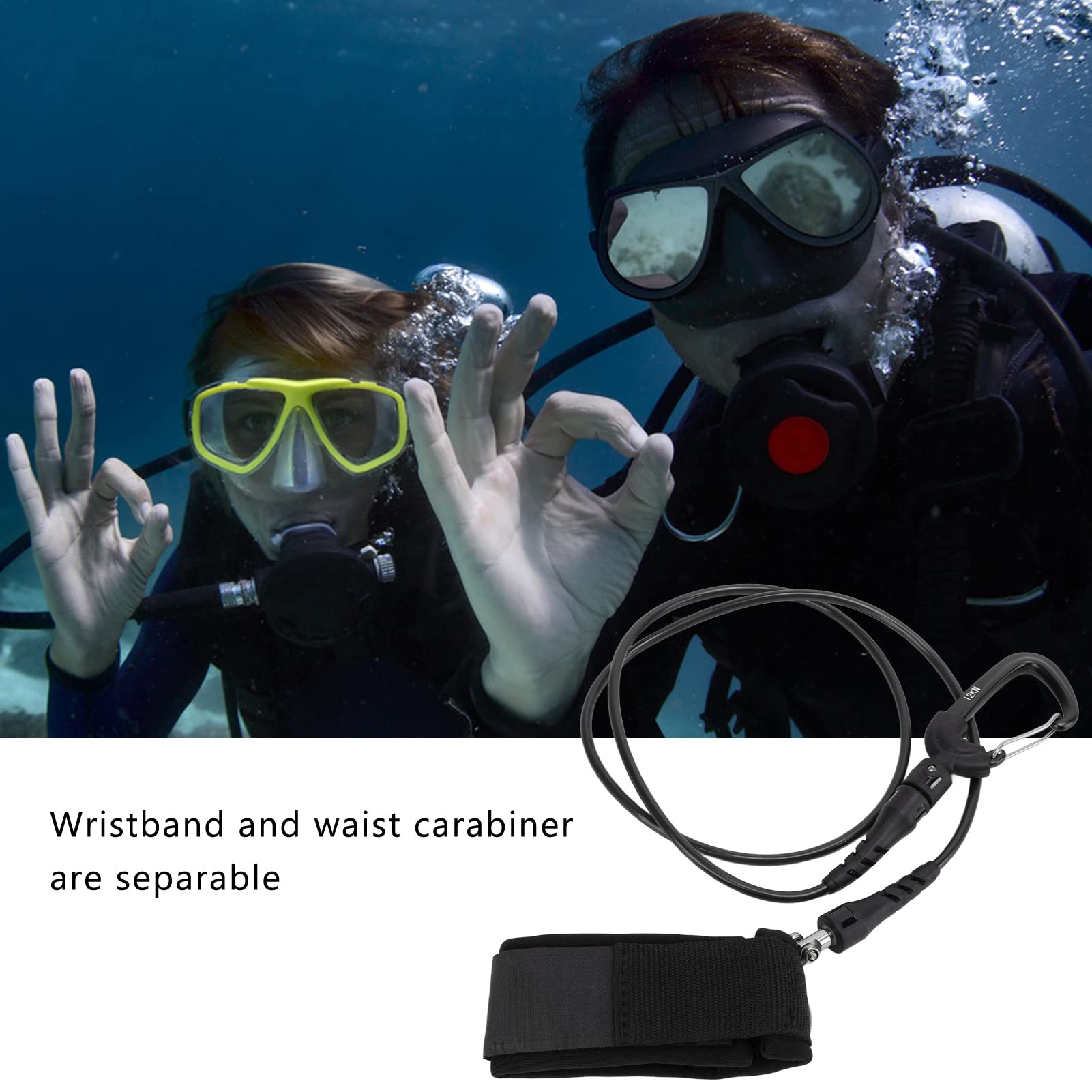 equlup Freediving Lanyard Leash, Stainless Steel Diving Safety Rope Cable with Wristband Carabiner for Underwater Sports (Black)