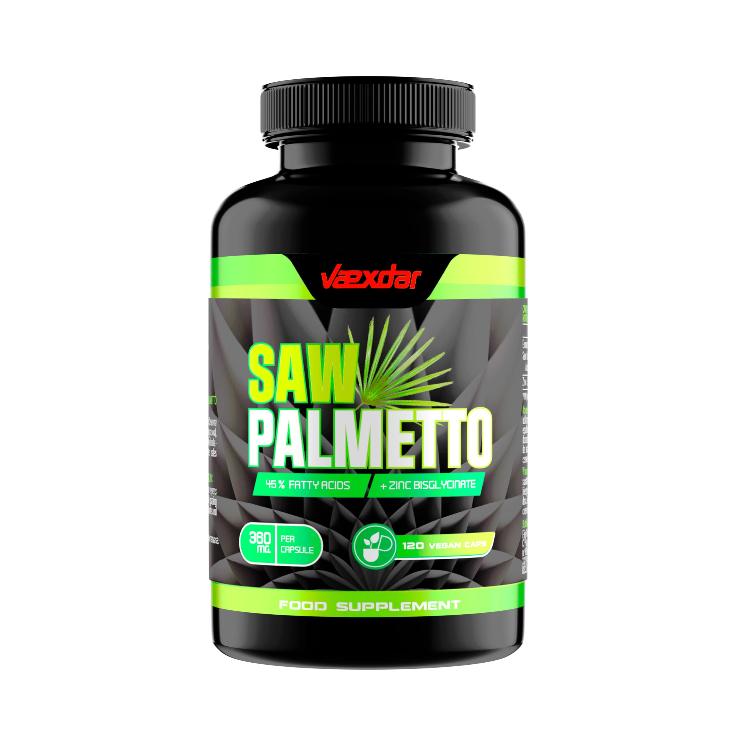 Vaexdar Saw Palmetto | Zinc Bisglicinato | Alta Potencia 360 mg Serenoa Repens | Saw Palmetto Prostata | 45% Ácidos Grasos | 120 Cápsulas Vegetales | Apoyo a la Salud Masculina | 4 Meses de Duración