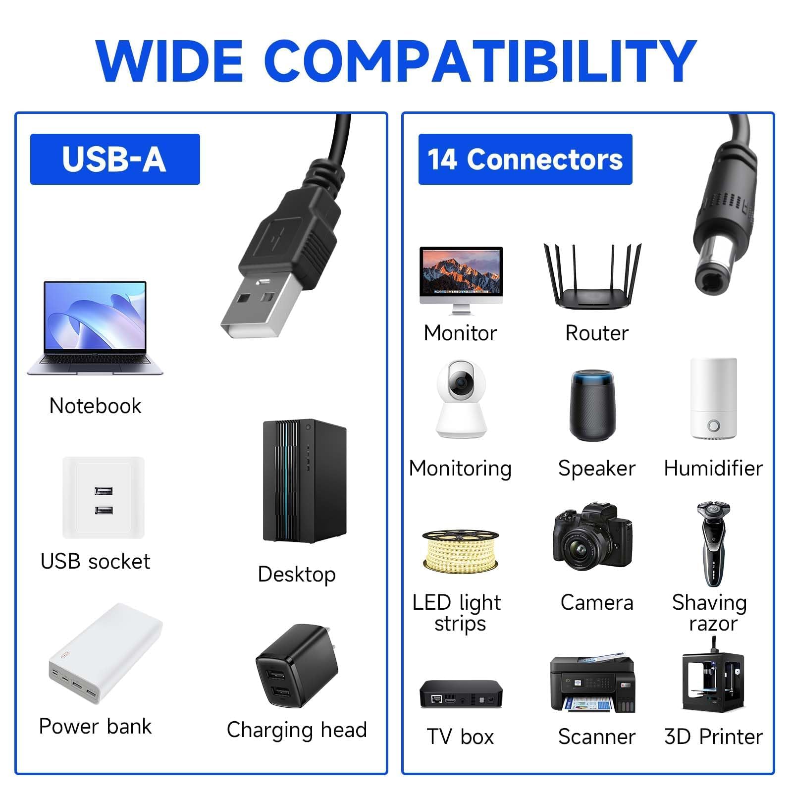 14 en 1 Chargeur Câble USB A vers DC 5.5x2.1 mm Câble Adaptateur DC Rond avec Embout Micro/Type-C Connecteurs pour Ventilateurs Routeurs Lampes Ruban LED Rasoir Box TV PC Diffuseur Universel 1M - 5