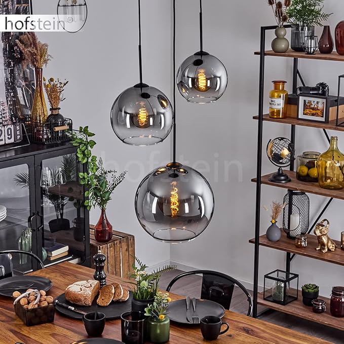 hofstein Koyoto hanglamp, metaal/glas hanglamp in zwart/rook/helder, retro design met glazen kappen (Ø 20 cm; 25 cm; 30 cm), hoogte max. 151,5 cm, 3 lampen, 3 x E27, gloeilampen niet inbegrepen photo 2
