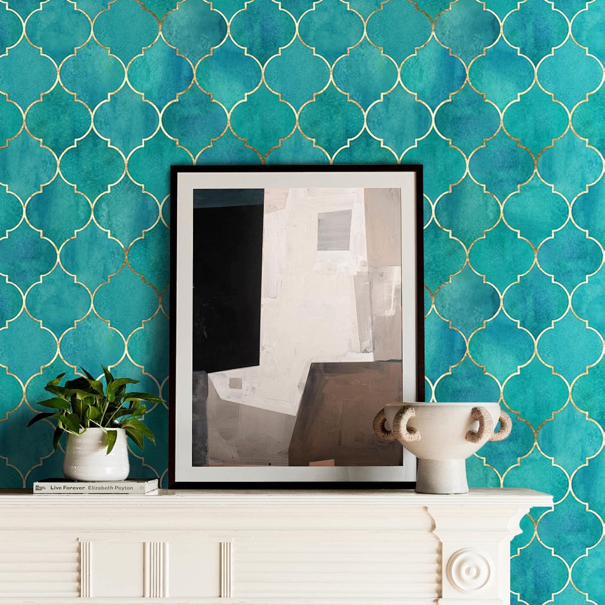 Blue Green Background with Gold Stroke Geometric Pattern Wallpaper Peel and Stick Wall Paper 17.71"x118.1" Vinyl Removable Self-Adhesive Contact Paper for Cabinet Countertops Corridors