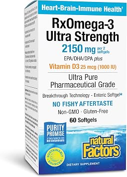 Natural Factors RxOmega-3 Ultra Strength - Brain & Heart Health Support - Eye Health Supplement with EPA & DHA - Supplement with Omega-3 Fatty Acids - 60 Softgels 30 Servings