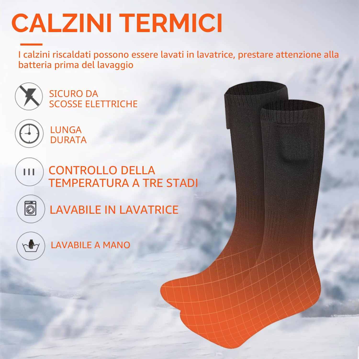 Calzini riscaldati per uomo e donna, 4500 mAh, calzini riscaldanti elettrici ricaricabili, 3 livelli di temperatura lavabili calzini riscaldati, scaldapiedi invernali