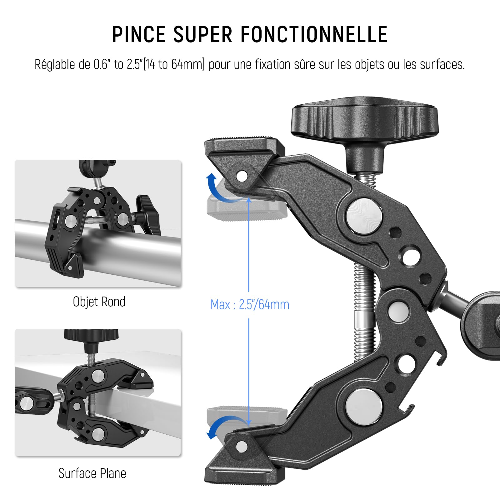 NEEWER Super Pince avec Bras Magique à Double tête sphérique de 7,6cm Griffe Froide Filetage 6,35mm Adaptateur Montage téléphone/action cam pour trépied Bureau Compatible avec SmallRig GoPro DJI, ST83