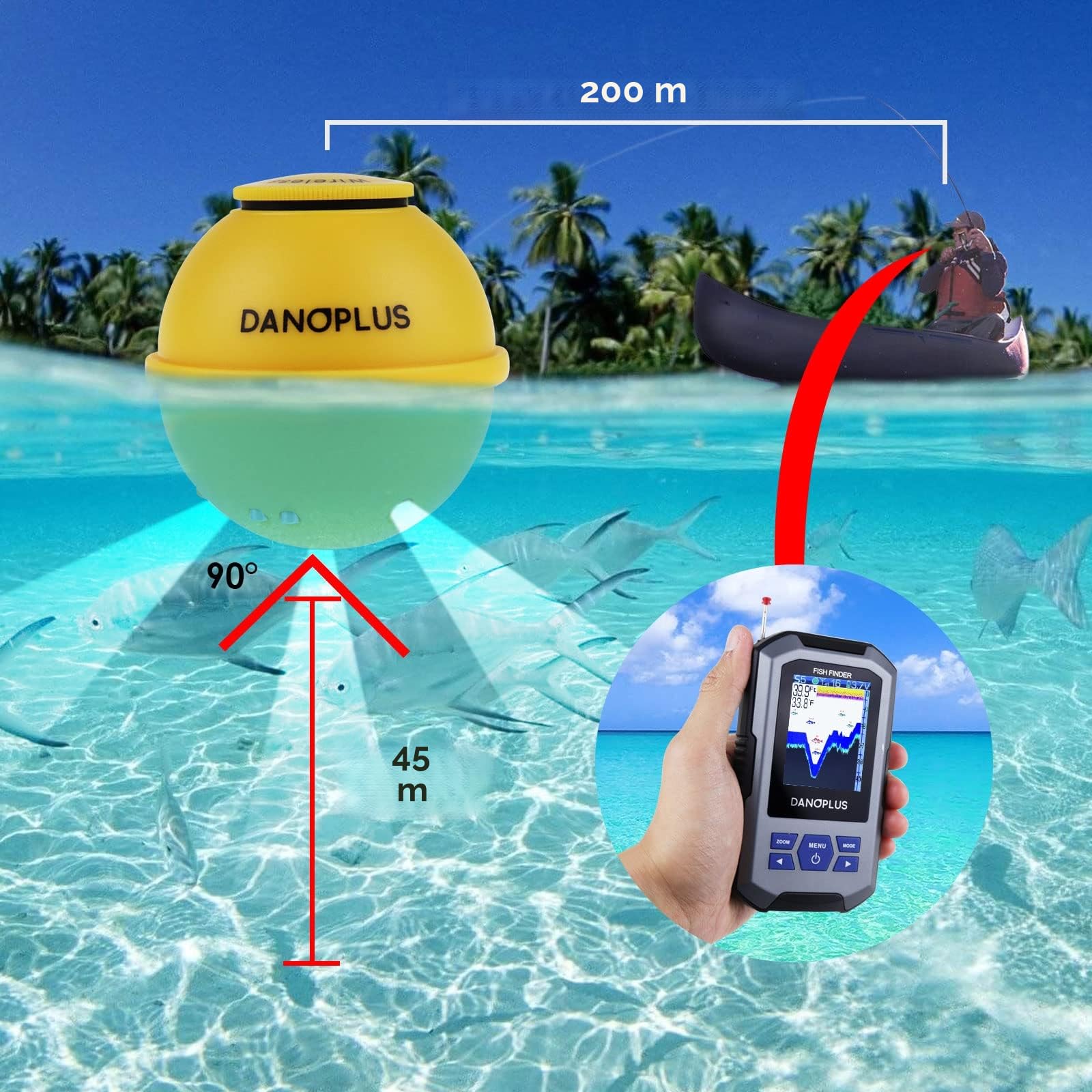 Kabelloser Fischfinder Tragbarer Fischfinder Sonar-Sensor 45 m Tiefenerkennung Wiederaufladbare Tiefenfinder Kajak Angelzubehör für Meeresangeln, Eisfischen, Bootsangeln