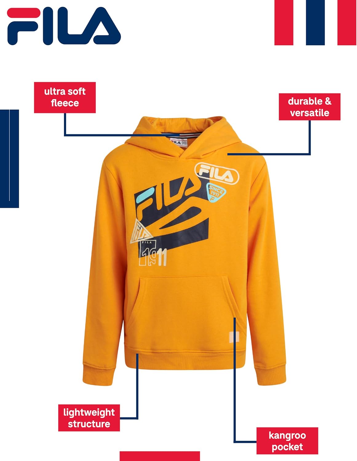 Fila Boys Hoodies - Athletic Performance Soft Fleece Pullover Sweatshirt - Cozy and Warm Graphic Hoodies for Boys